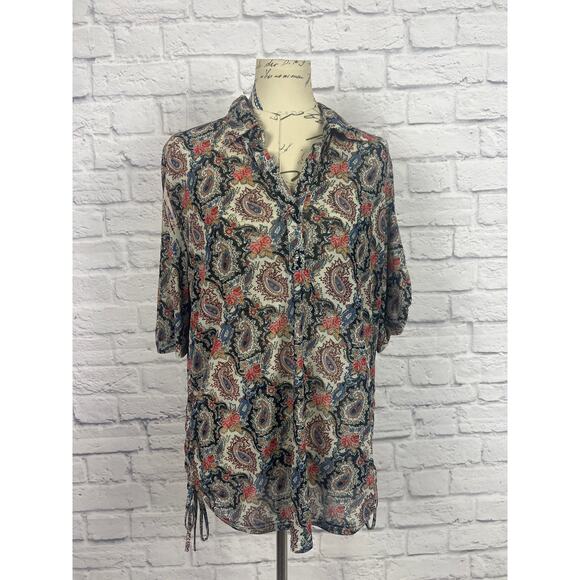 Amang NY Sheer Vibrant Paisley Print Boho Flowy Blouse - Picture 1 of 8
